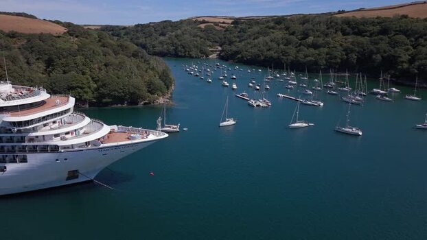 Aerial view of a cruise ship in the Fowey River United Kingdom. Aerial view of a cruise ship in the Fowey River United Kingdom.