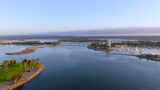 Aerial view of bridge and tower United States.
