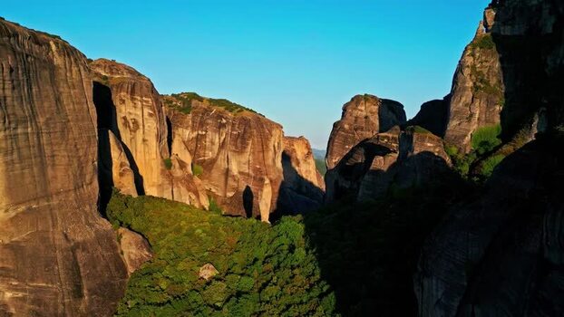 Aerial view of Meteora rock formations Greece.