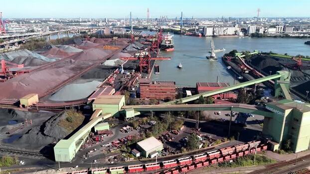 Aerial view of Hansaport industrial facility in Hamburg Germany. Aerial view of Hansaport industrial facility in Hamburg Germany.