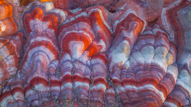 Aerial view of colorful striped badlands in Hanksville featuring vibrant red orange and white sedimentary rock layers eroded into intricate patterns. Hanksville Utah United States.