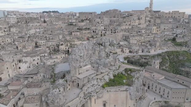 Aerial view of Sassi di Matera historic stone dwellings Italy.