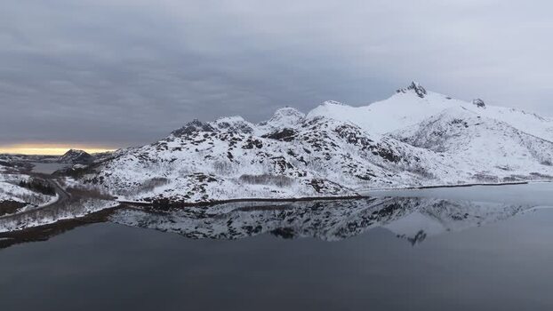 Aerial view of Lofoten mountains in Norway.