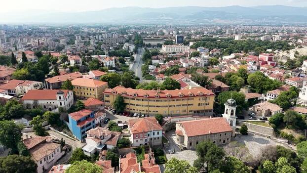 Aerial view of Plovdiv Old Town with historic architecture Bulgaria.
