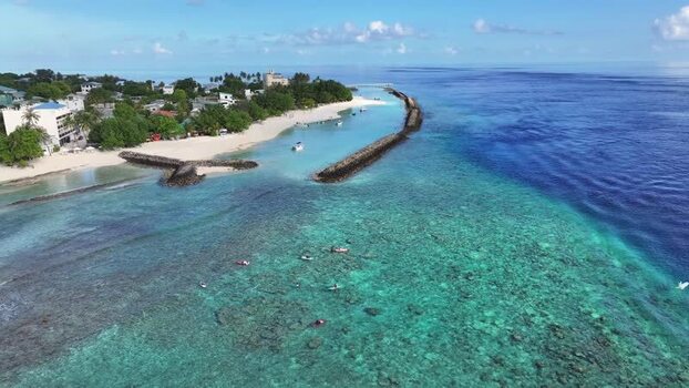 Aerial view of the tropical coast in Maldives.