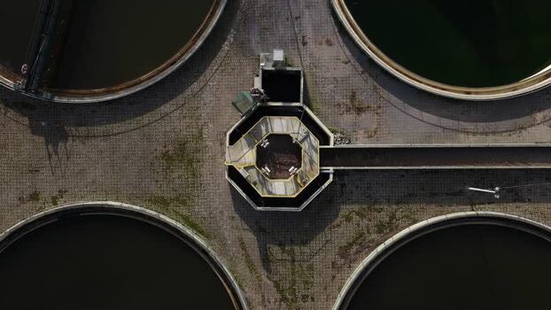 Aerial view of sewage treatment plant Portugal.