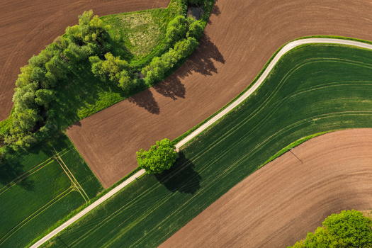 Aerial view of agricultural fields with green crops brown soil a winding road and lush green trees in Hofgeismar Hessen Germany. Aerial view of agricultural fields with green crops brown soil a winding road and lush green trees in Hofgeismar Hessen Germany.