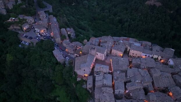 Aerial view of Calcata village at dusk Italy. Aerial view of Calcata village at dusk Italy.