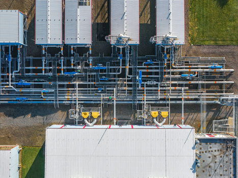 Aerial view of the UGS Damborice industrial facility with complex piping systems and metal structures in Damborice South Moravian Region Czechia. Aerial view of the UGS Damborice industrial facility with complex piping systems and metal structures in Damborice South Moravian Region Czechia.