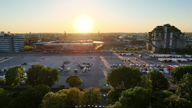 Aerial view of Heiligengeistfeld and Millerntor Stadium at sunset Germany. Aerial view of Heiligengeistfeld and Millerntor Stadium at sunset Germany.