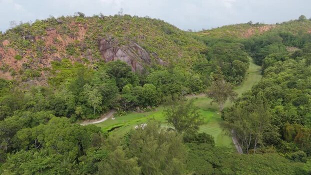 Aerial view of Anse Georgette landscape in Seychelles.
