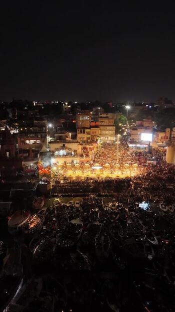 Aerial view of Ganga Aarti at Dashashwamedh Ghat at night India. Aerial view of Ganga Aarti at Dashashwamedh Ghat at night India.