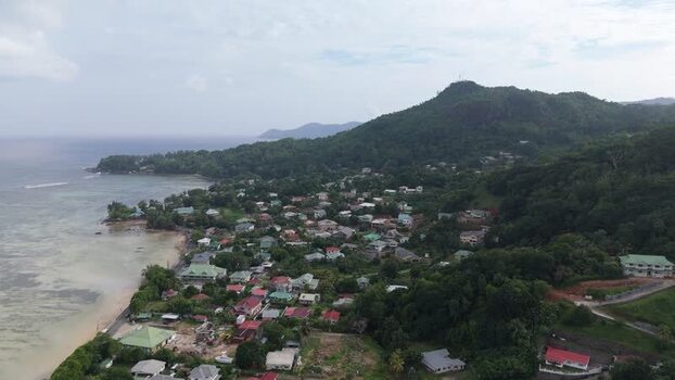 Aerial view of Mahe island coastline in Seychelles.