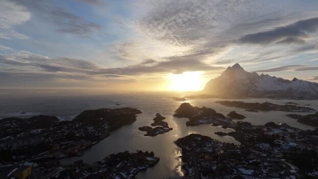 Aerial view of Lofoten islands at sunset Norway.