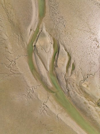 Aerial view of a river carving through sandy terrain creating intricate patterns of light and shadow Abel Tasman Tasman Region New Zealand. Aerial view of a river carving through sandy terrain creating intricate patterns of light and shadow Abel Tasman Tasman Region New Zealand.