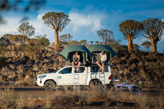 Aussenkehr Namibia 06 March 2026 View of a white pickup truck with roof tents amidst the arid landscape and the iconic quiver trees. Aussenkehr Namibia 06 March 2026 View of a white pickup truck with roof tents amidst the arid landscape and the iconic quiver trees.