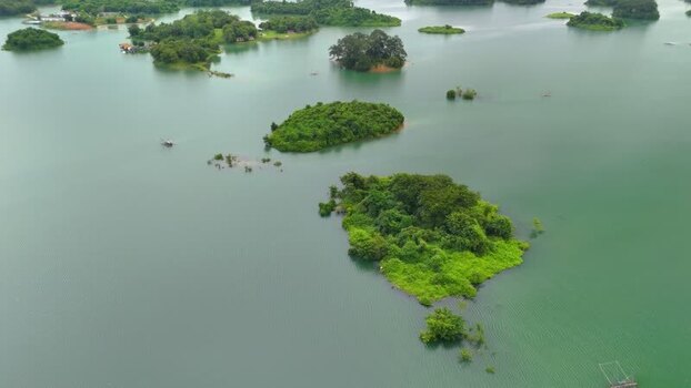 Aerial view of islands in Nam Ngum Reservoir Laos.