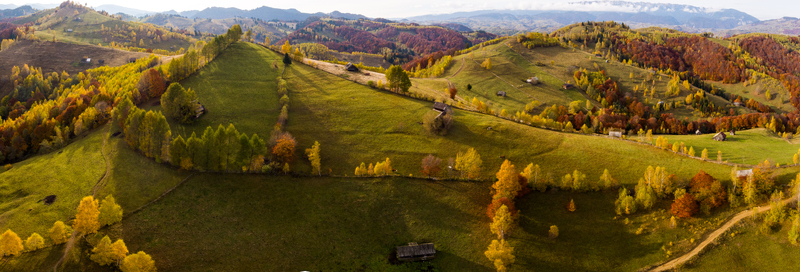 Aerial view of rolling hills and meadows in autumn with vibrant fall foliage scattered wooden huts and winding dirt paths in the countryside of Bran Brasov Romania. Aerial view of rolling hills and meadows in autumn with vibrant fall foliage scattered wooden huts and winding dirt paths in the countryside of Bran Brasov Romania.