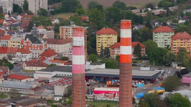 Aerial view of Tepelna elektrarna Hodonin chimneys Czechia.