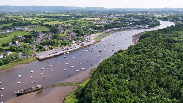 Aerial view of the River Moy and boats in Ballina Ireland.