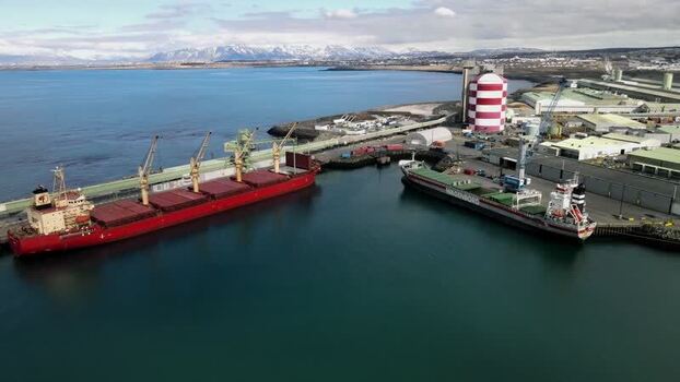 Aerial view of cargo ships at the port of Hafnarfjordur Iceland.