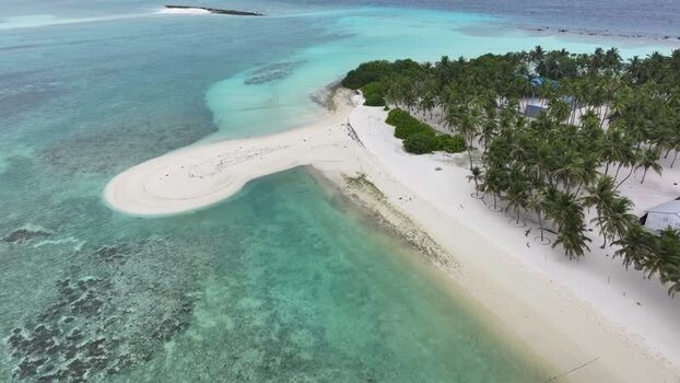 Aerial view of tropical island beach and palm trees Maldives. Aerial view of tropical island beach and palm trees Maldives.
