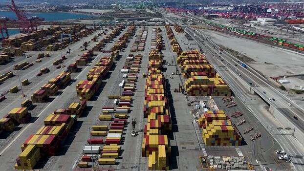 Aerial view of Port of Long Beach shipping terminal United States.
