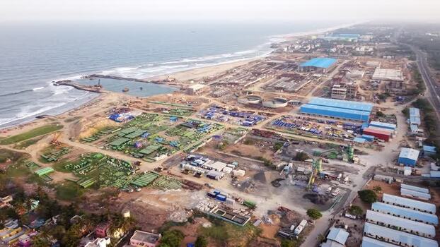 Aerial view of desalination plant construction in Chennai India. Aerial view of desalination plant construction in Chennai India.
