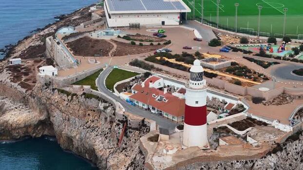 Aerial view of Europa Point lighthouse and cliffs Gibraltar.