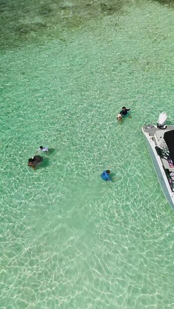 Aerial view of Grand Cayman with swimmers and boat Cayman Islands. Aerial view of Grand Cayman with swimmers and boat Cayman Islands.