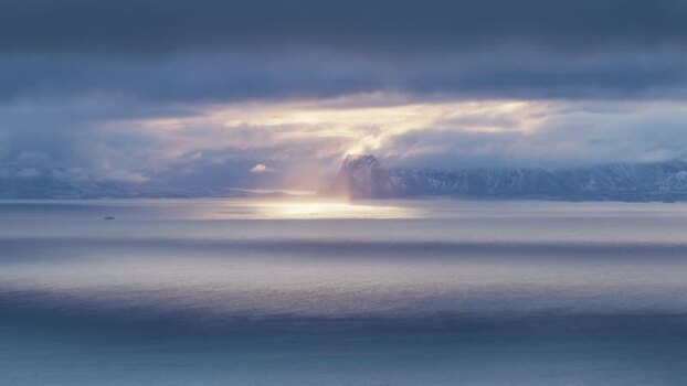 Aerial view of Henningsv&aelig;r sea and mountains Norway.