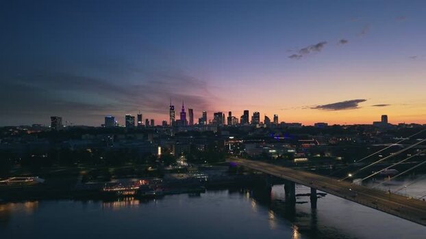 Aerial view of Warsaw skyline at sunset Poland.