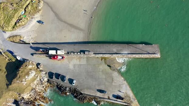Aerial view of Portnablagh pier Ireland.