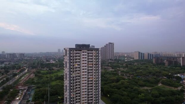 Aerial view of modern skyscrapers in Gurugram India.