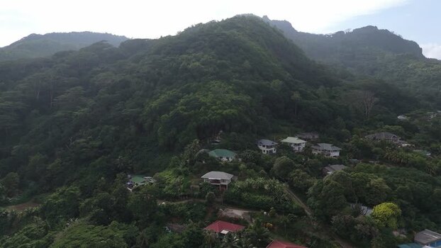 Aerial view of Mahe mountainside with houses Seychelles.
