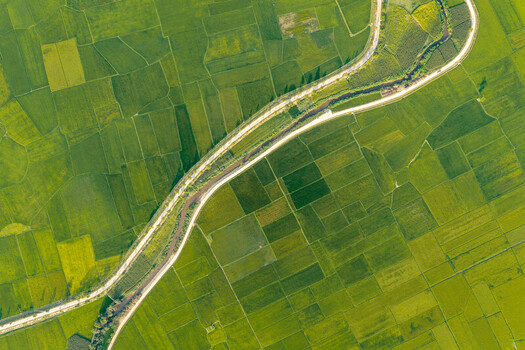 Aerial view of the lush green rice paddies surrounding Lak Lake featuring a winding river cutting through the agricultural landscape in Lien Son Dak Lak Vietnam. Aerial view of the lush green rice paddies surrounding Lak Lake featuring a winding river cutting through the agricultural landscape in Lien Son Dak Lak Vietnam.
