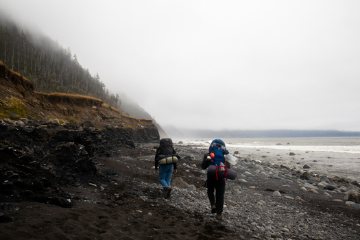 View of two hikers with large backpacks walking along the rugged dark sand and rocky shoreline of the Lost Coast under a misty sky in Humboldt County California United States.