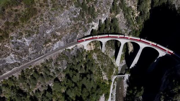 Aerial view of Glacier Express on Landwasser Viaduct Switzerland.