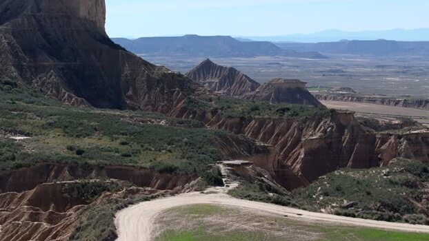 Aerial view of Bardenas Reales desert landscape in Spain.