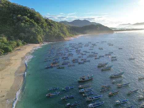 Aerial view of Papuma Beach with numerous traditional fishing boats anchored in the turquoise bay surrounded by lush green hills and a sandy coastline in Jember East Java Indonesia. Aerial view of Papuma Beach with numerous traditional fishing boats anchored in the turquoise bay surrounded by lush green hills and a sandy coastline in Jember East Java Indonesia.