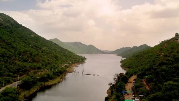 Aerial view of Baahubali Hills Udaipur lake India.