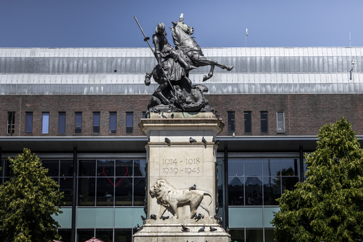 Newcastle upon Tyne England United Kingdom 13 July 2026 View of the St. George and the Dragon war memorial statue featuring a knight on horseback slaying a dragon. Newcastle upon Tyne England United Kingdom 13 July 2026 View of the St. George and the Dragon war memorial statue featuring a knight on horseback slaying a dragon.