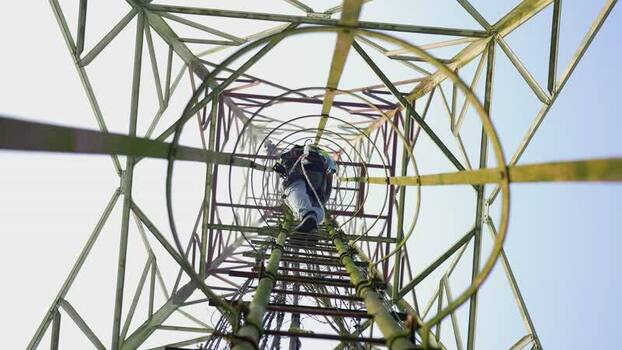View of a worker climbing a telecommunications tower Bangladesh. View of a worker climbing a telecommunications tower Bangladesh.