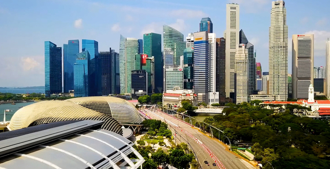 Singapore Singapore 30 September 2026 Aerial view of Esplanade Theatres on the Bay with its iconic roofs surrounded by modern skyscrapers in the central business district.