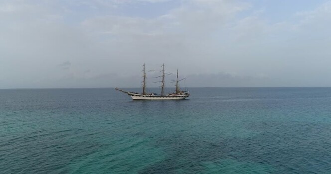 Aerial view of tall ship in Los Roques Venezuela.