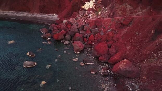 Aerial view of Red beach and volcanic cliffs Greece.