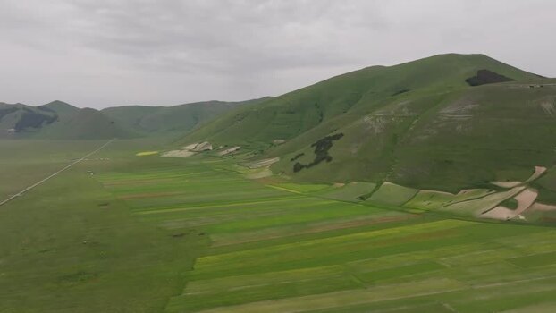 Aerial view of Castelluccio fields Italy.