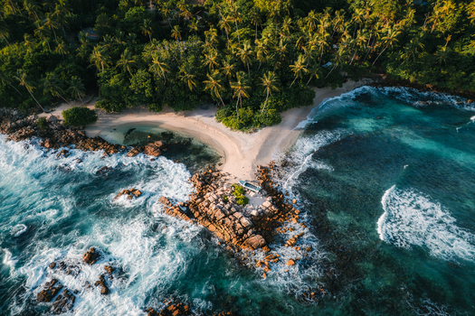 Aerial view of Secret Beach Mirissa featuring a rocky outcrop turquoise waves crashing against the shore and a lush palm tree forest in Mirissa Southern Province Sri Lanka. Aerial view of Secret Beach Mirissa featuring a rocky outcrop turquoise waves crashing against the shore and a lush palm tree forest in Mirissa Southern Province Sri Lanka.