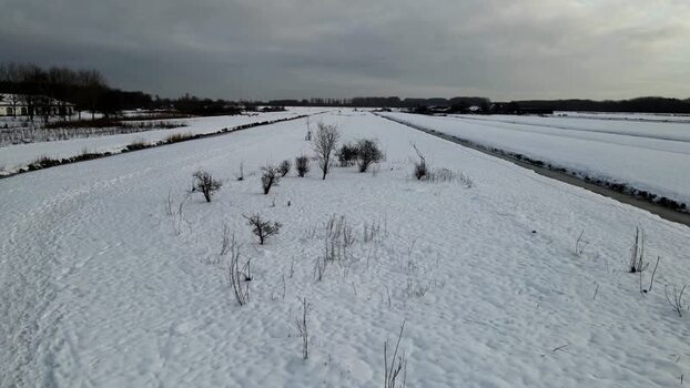 Aerial view of snow covered fields Netherlands.