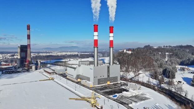 Aerial view of Mellach Power Plant in a snowy landscape Austria.